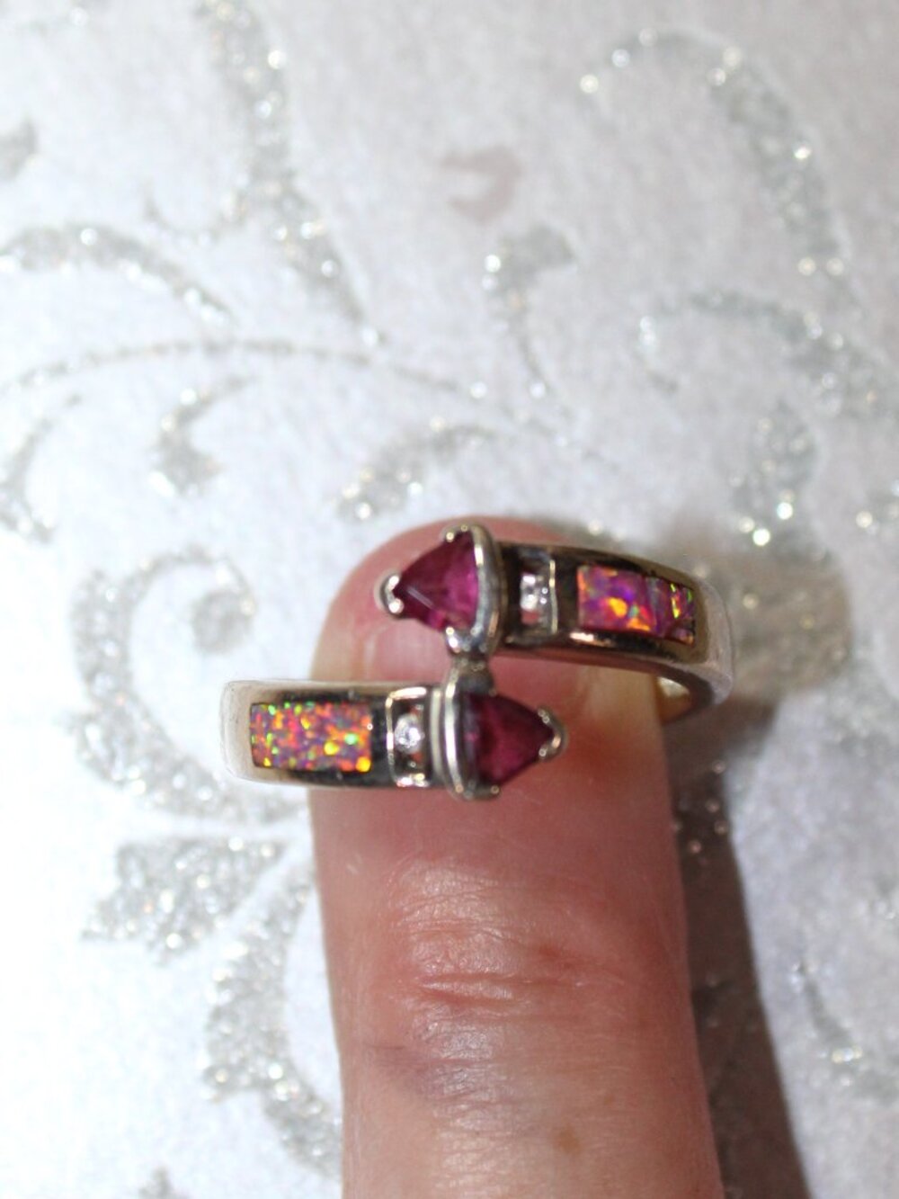 Sterling Silver Size 8 Inlayed Opal & Triangle Cut Ruby Wrap Ring